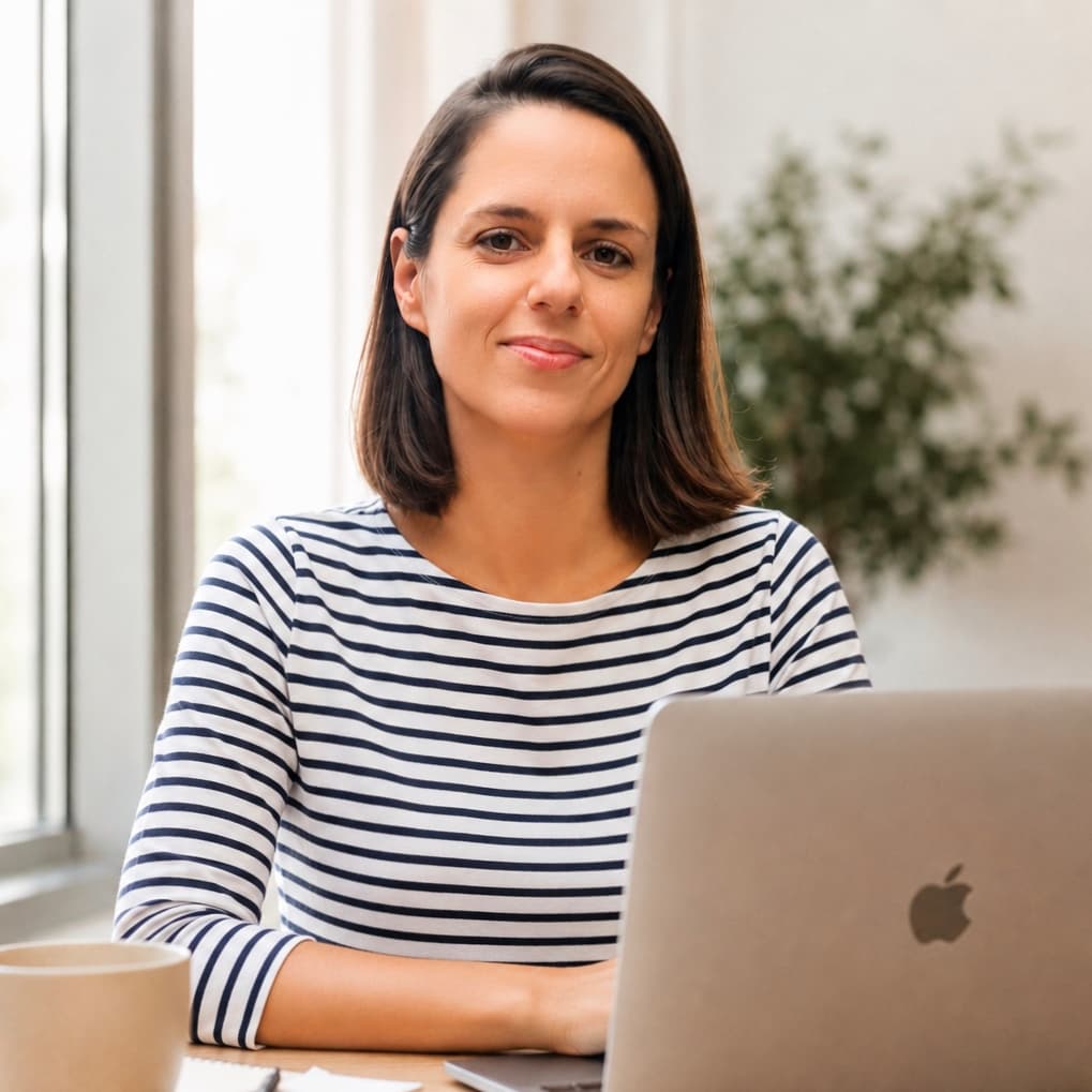 Camille at her desk, teaching French online