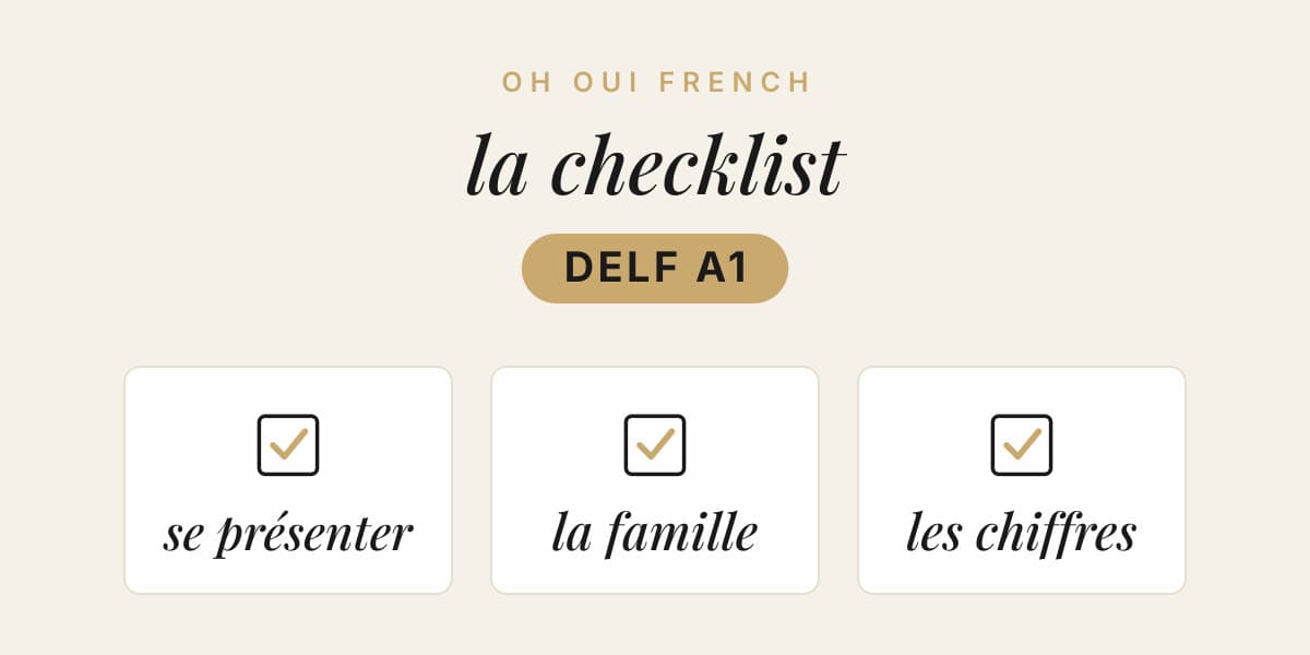 Illustrated card for the DELF A1 checklist, showing the topics se présenter, la famille and les chiffres