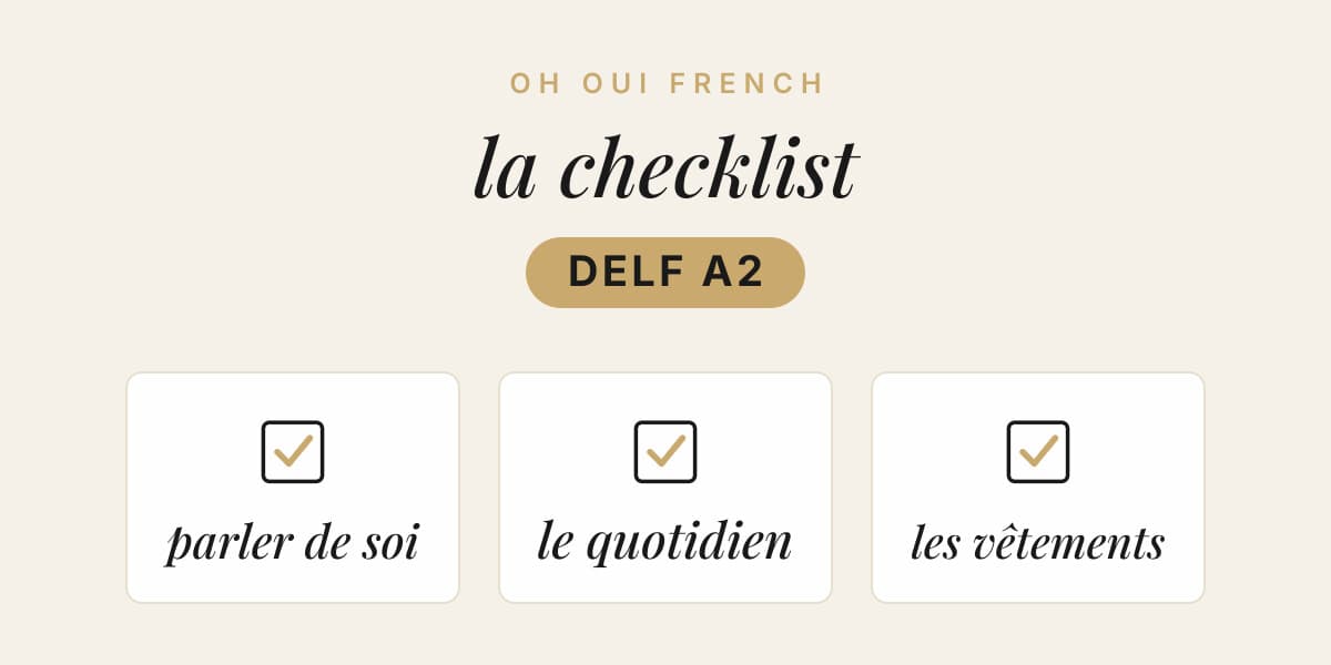 Illustrated card for the DELF A2 checklist, showing the topics parler de soi, le quotidien and les vêtements