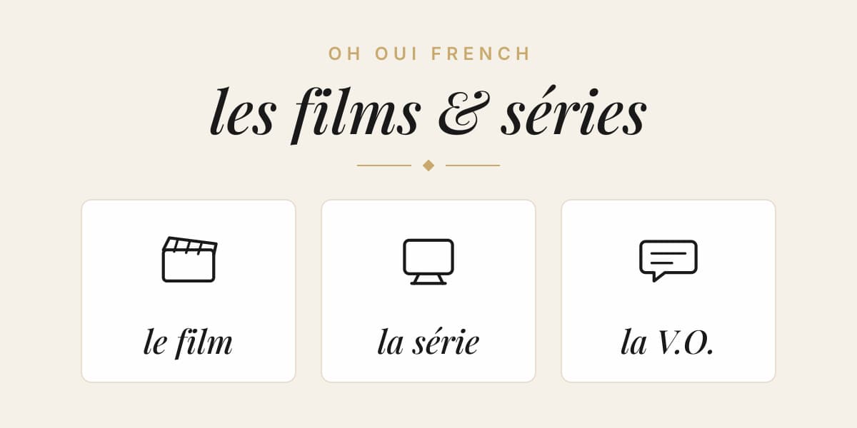 Illustrated card for French films and series, showing the words le film, la série and la V.O.