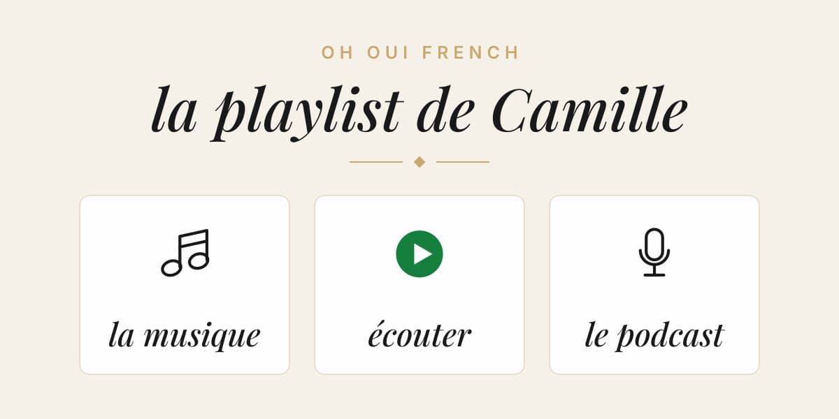Illustrated card for the French playlist by Camille, showing the words la musique, écouter and le podcast