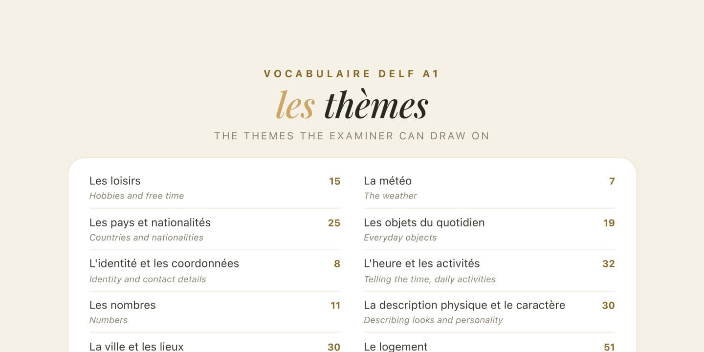 Preview of DELF A1 Vocabulary List: All 23 Themes, With a Free Revision Map