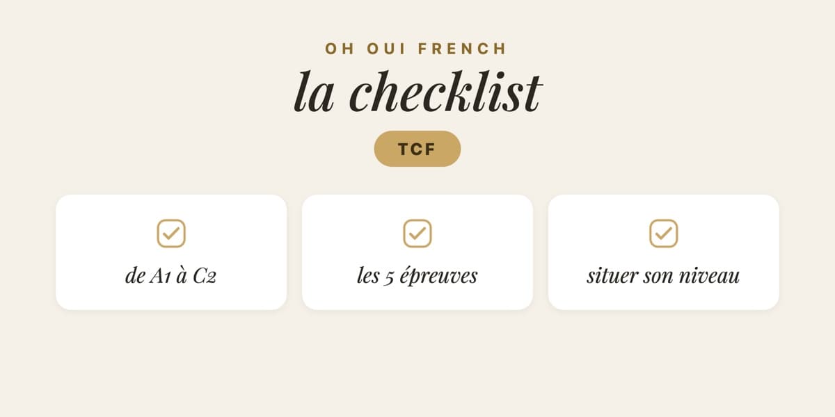 Illustrated card for the TCF checklist, showing de A1 à C2, les 5 épreuves and situer son niveau