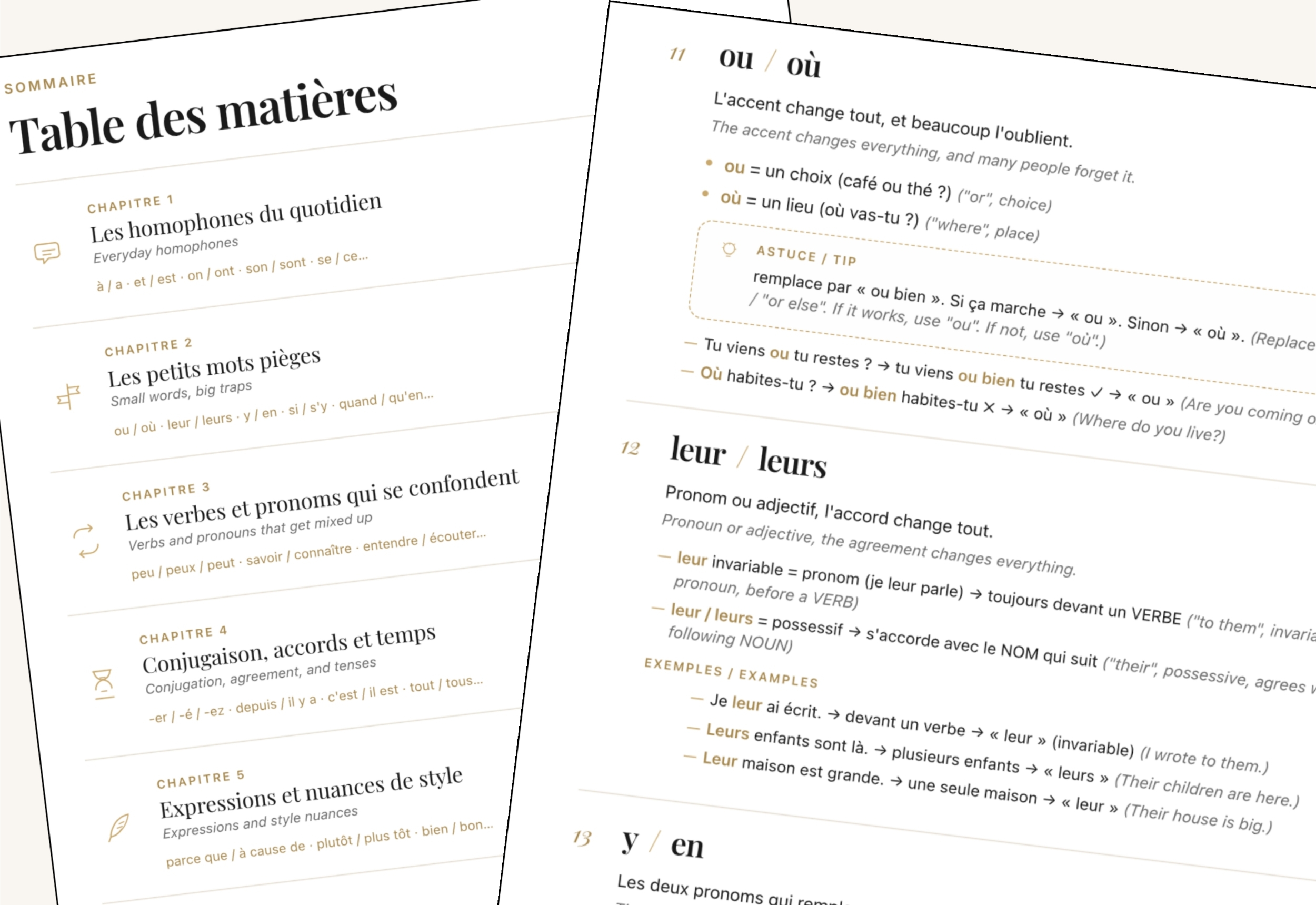 50 Pièges du Français ebook screenshot: table of contents and sample chapter pages
