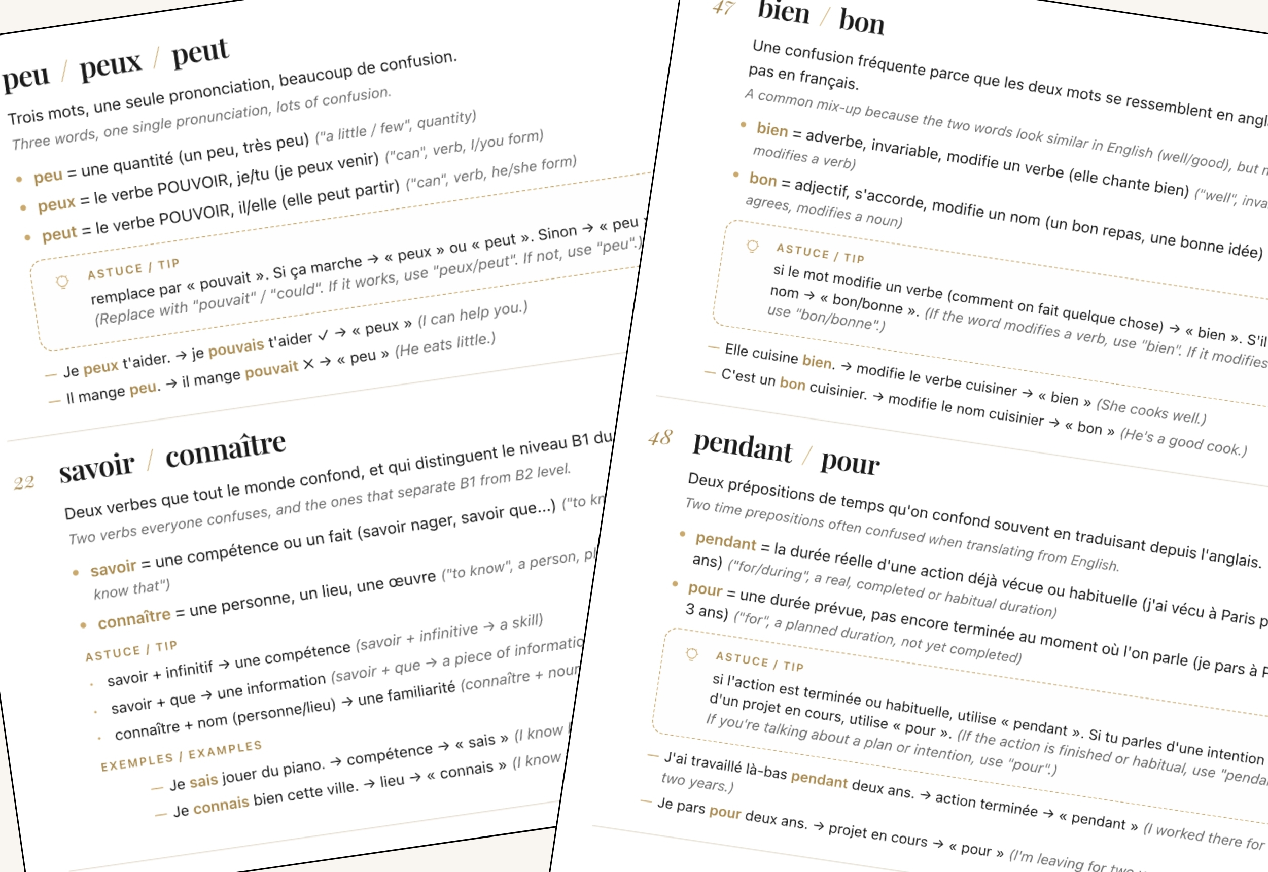 50 Pièges du Français ebook screenshot: bilingual grammar trap examples