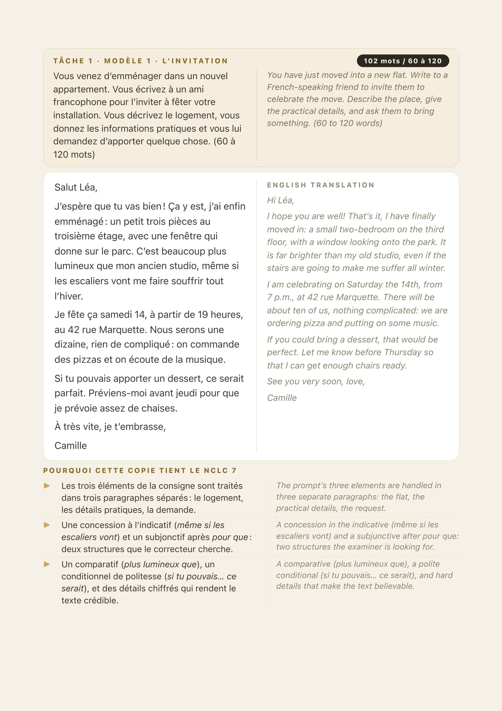Le Système CLB 7 page: a model paper with its word count, its English translation and the reasons it holds CLB 7