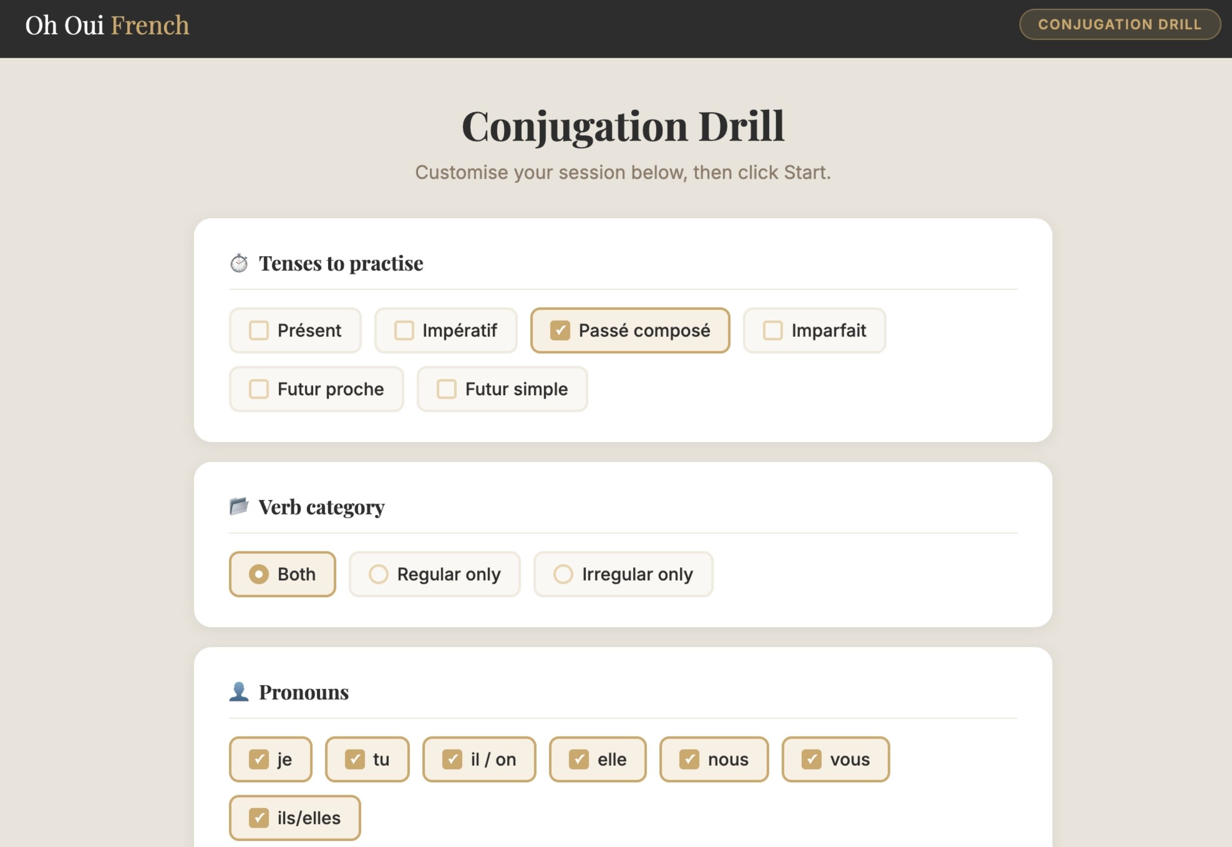 French Conjugation Drill screenshot: question and answer screen