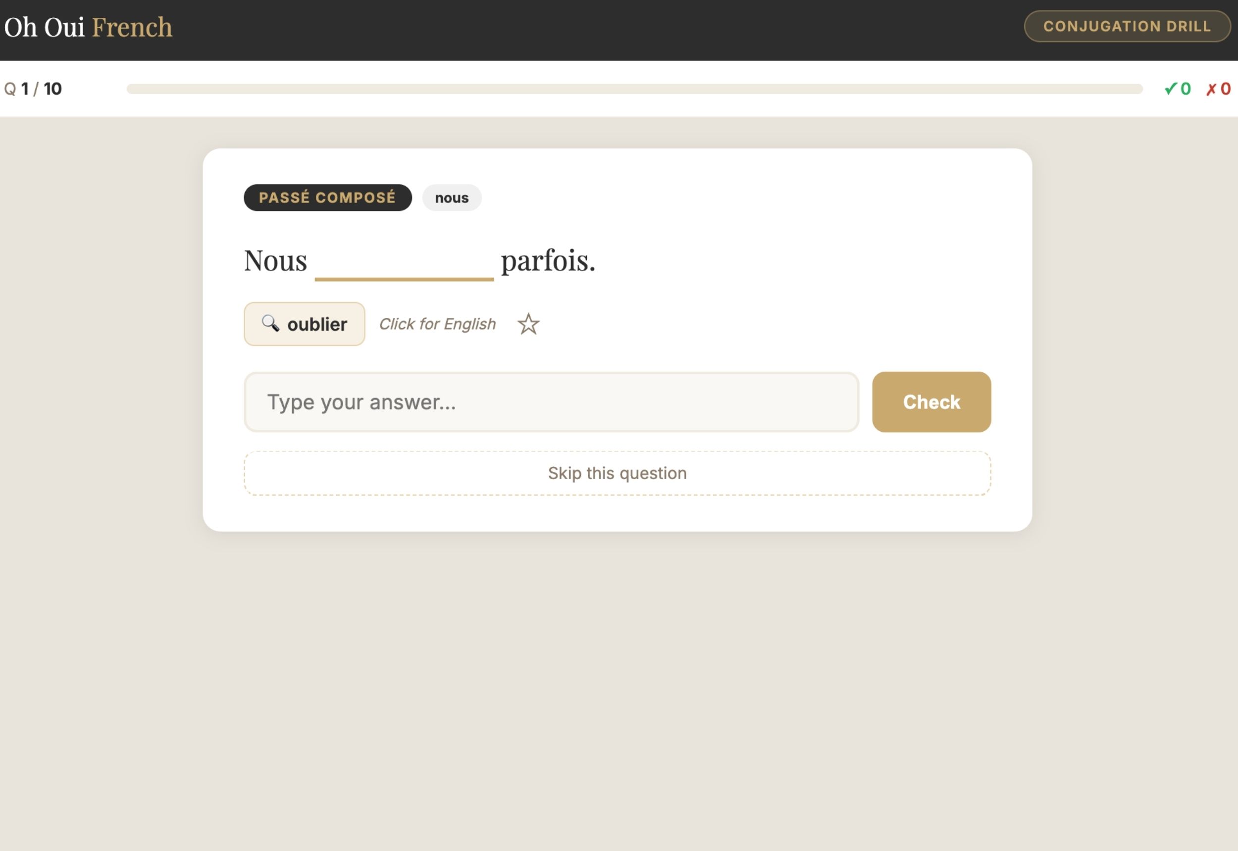 French Conjugation Drill screenshot: score and results screen