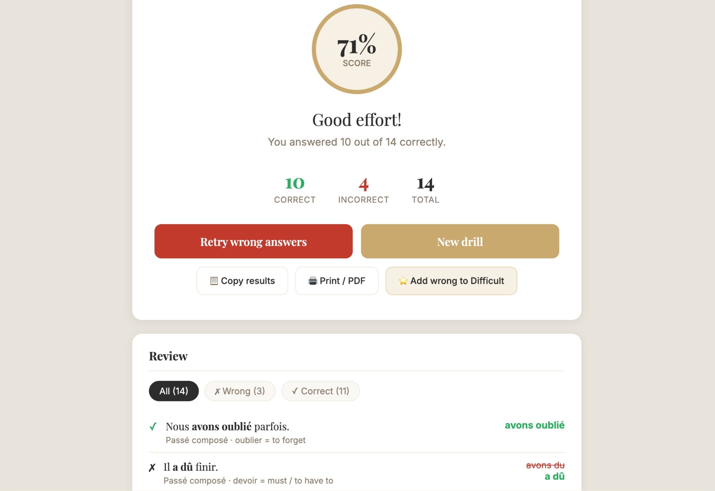 French Conjugation Drill screenshot: settings and verb selection