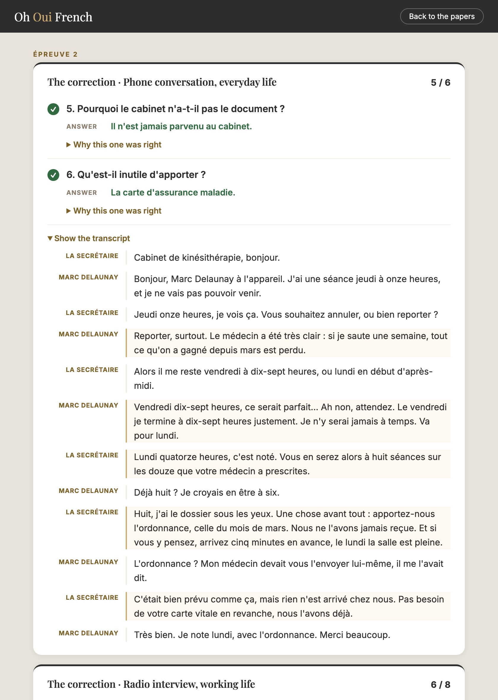 The full transcript of a document, line by line with each speaker named, the sentences that held an answer highlighted