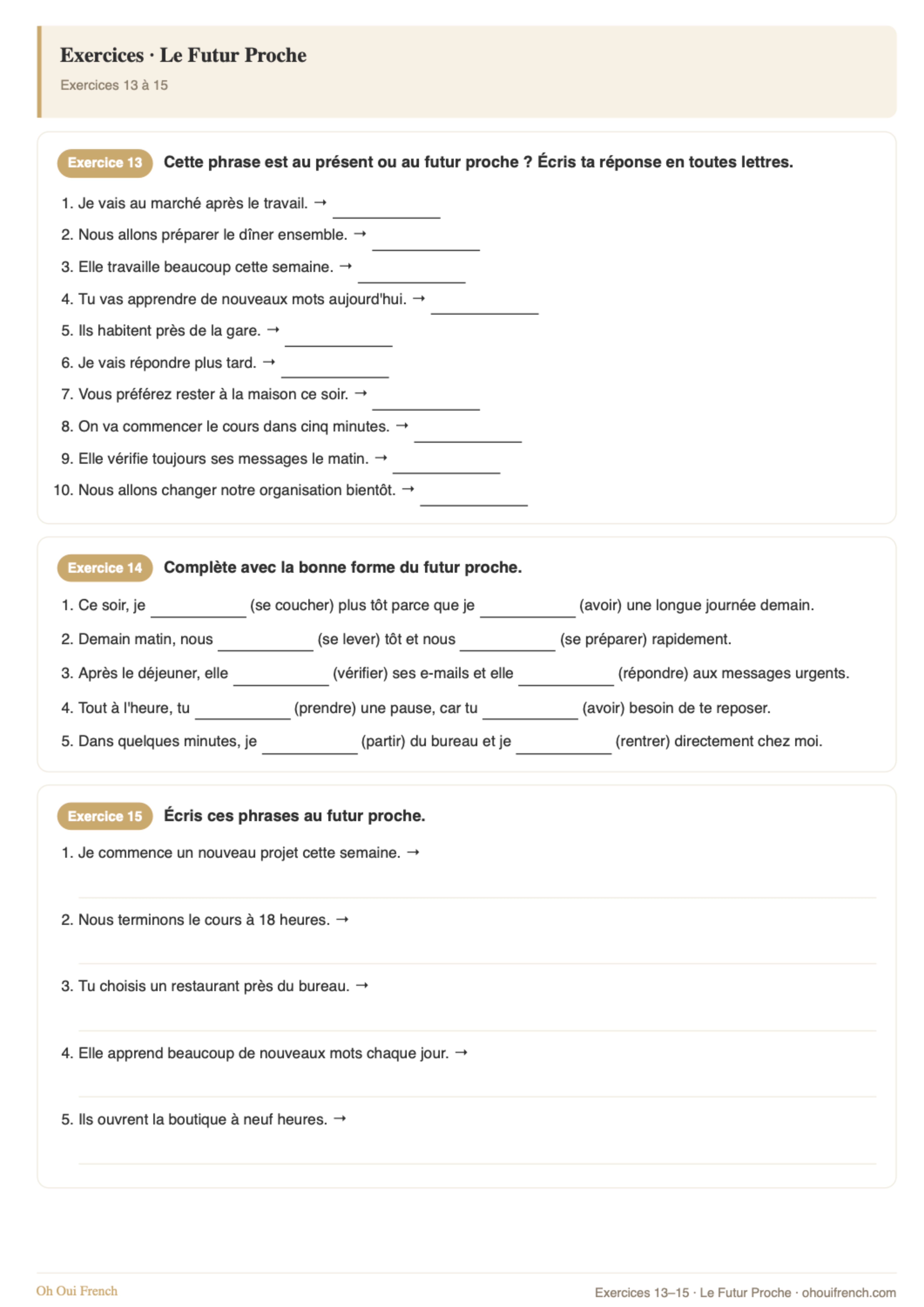 Les Temps Essentiels workbook page: Le Futur Proche exercises