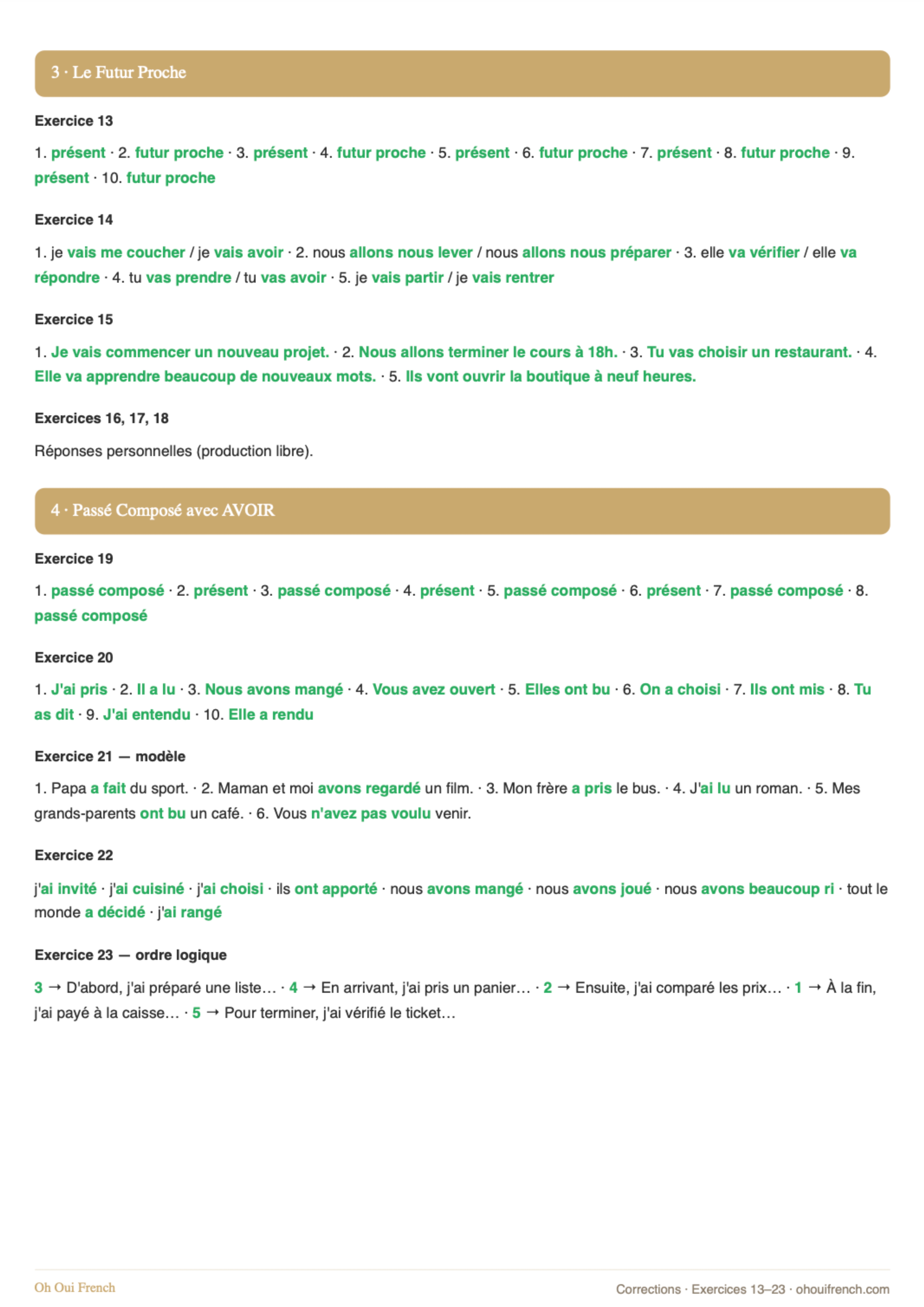 Les Temps Essentiels workbook page: full corrections