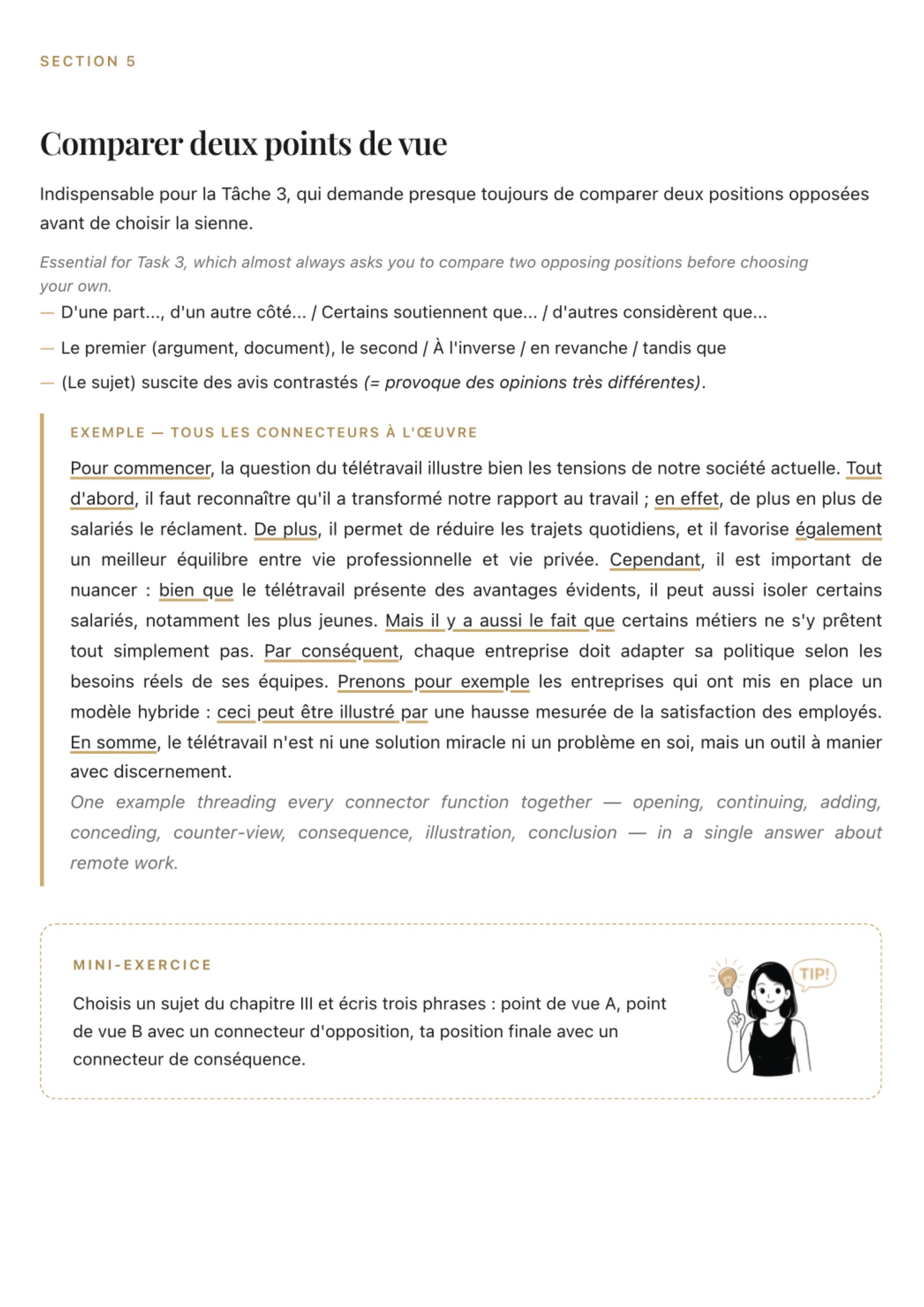 Réussir le TCF guide page: thematic vocabulary sheet with annotated example