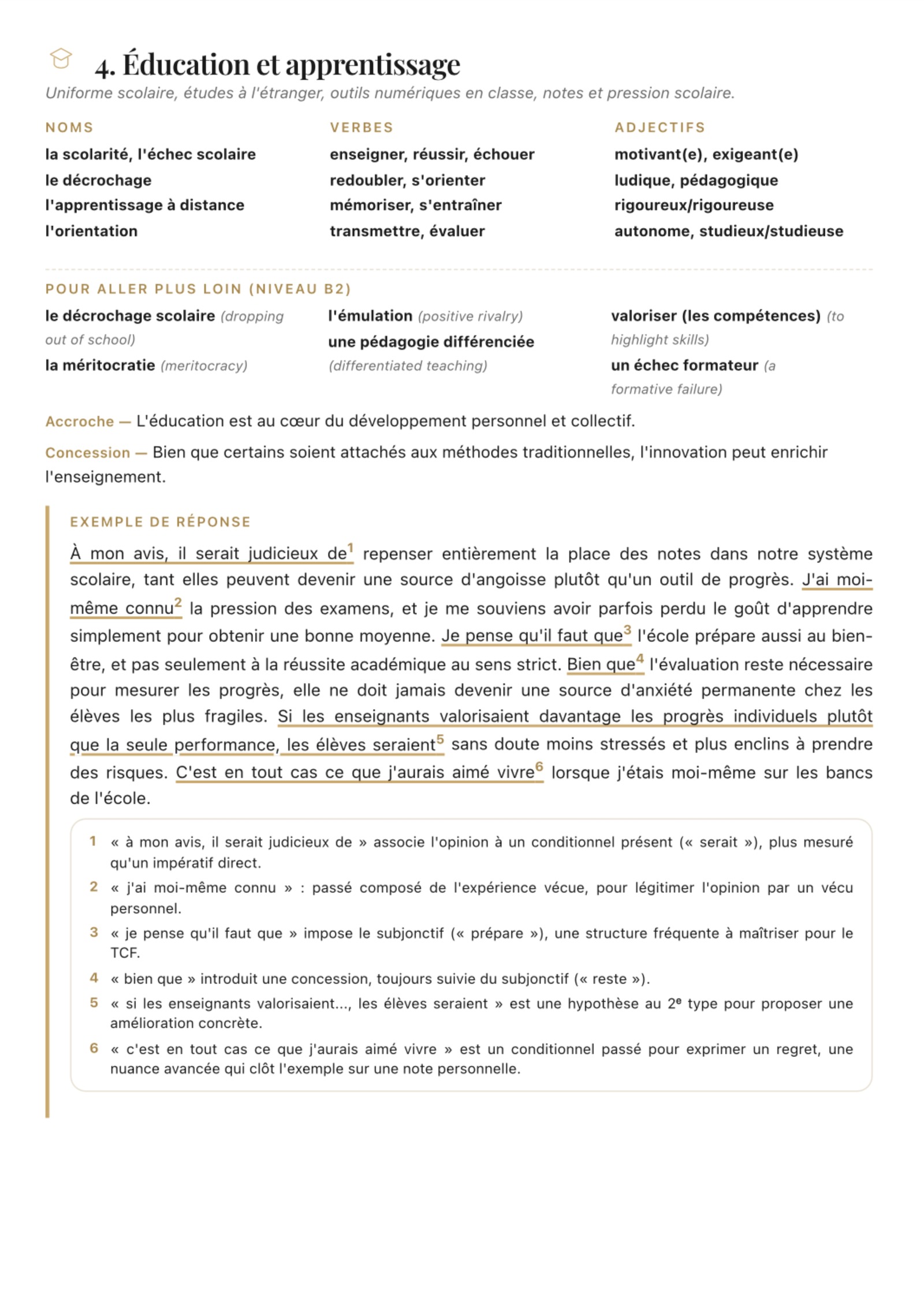 Réussir le TCF guide page: annotated corrected answer with numbered explanations