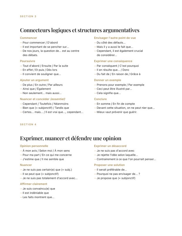 Reussir le TCF page: the connector bank sorted by function, and the phrases to state, qualify and defend an opinion