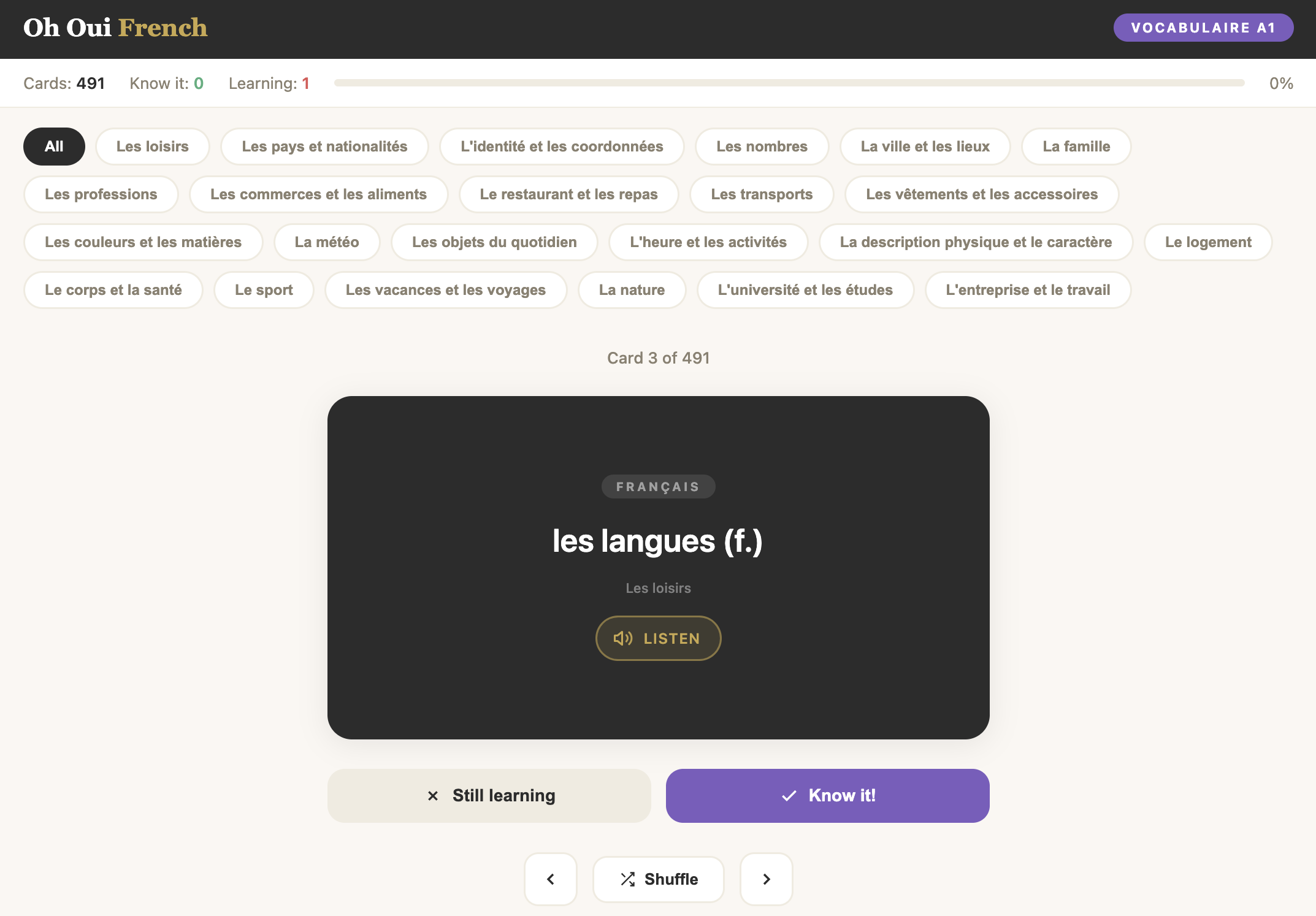 Vocabulaire A1 French flashcards screenshot: French translation side
