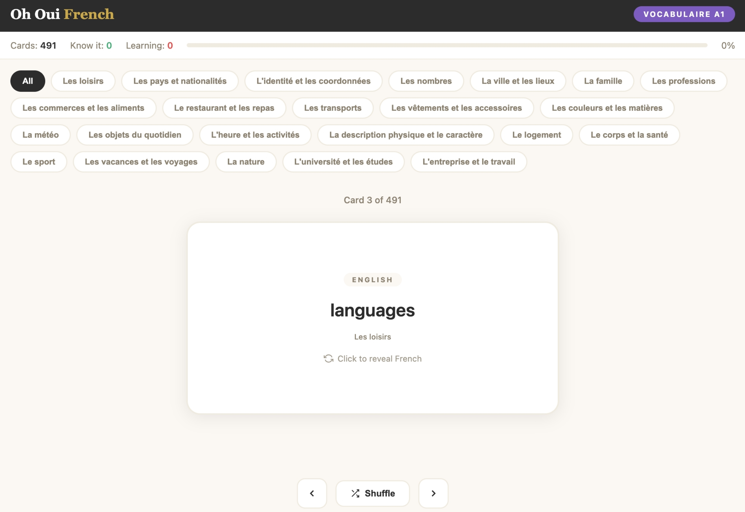 Vocabulaire A1 French flashcards screenshot: English word side