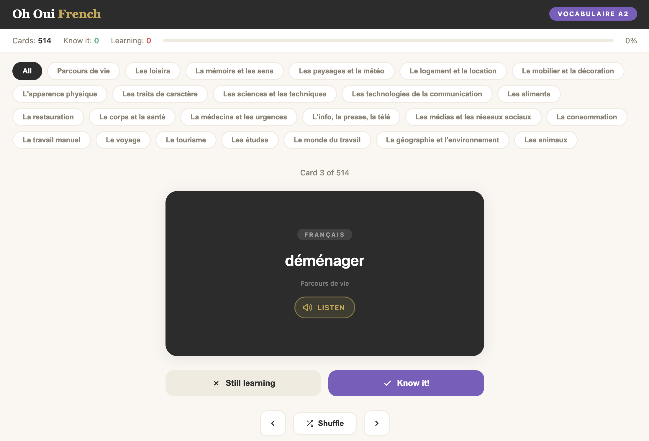 Vocabulaire A2 French flashcards screenshot: French side with the Listen button for audio pronunciation