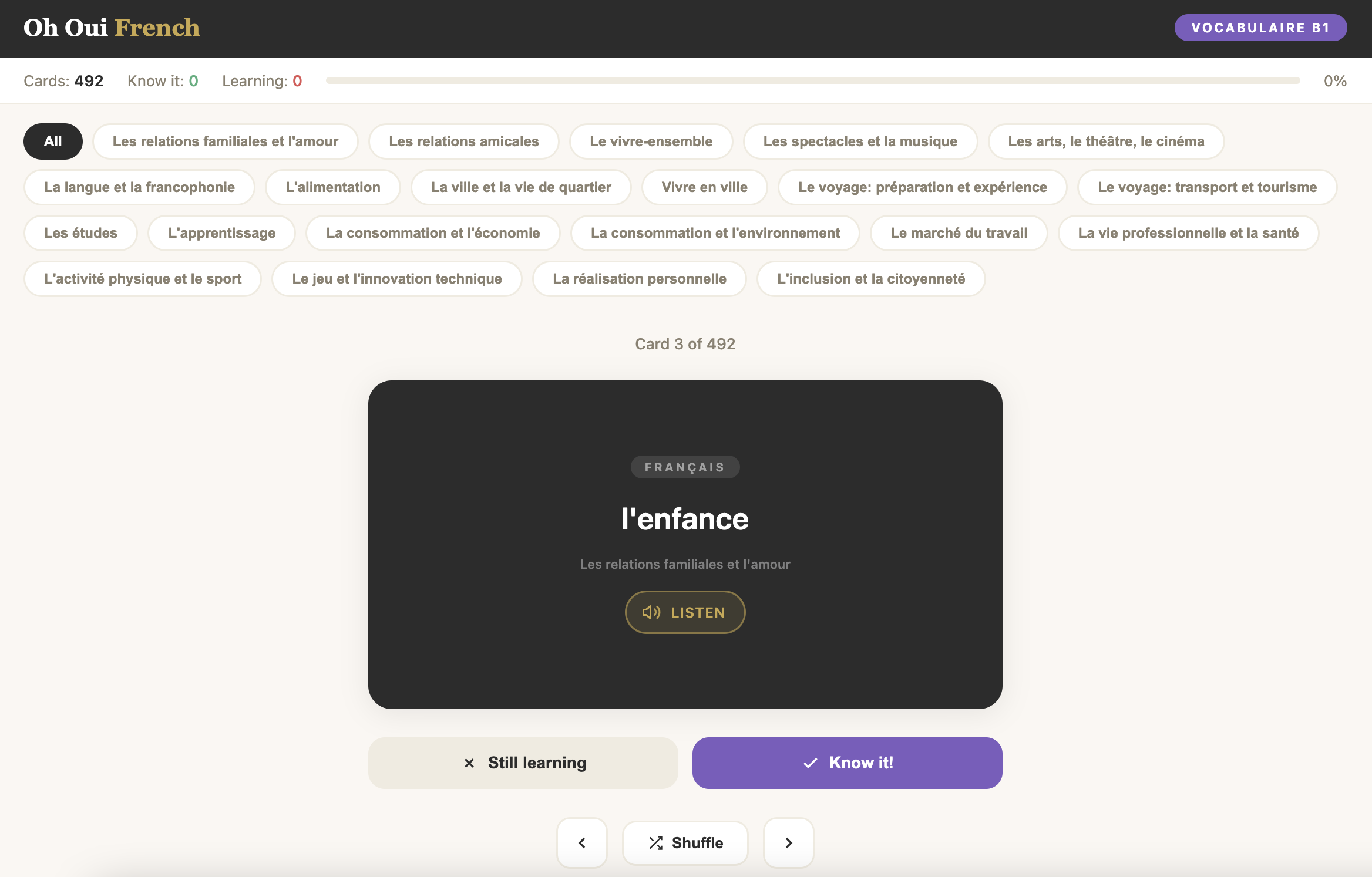 Vocabulaire B1 French flashcards screenshot: French translation side