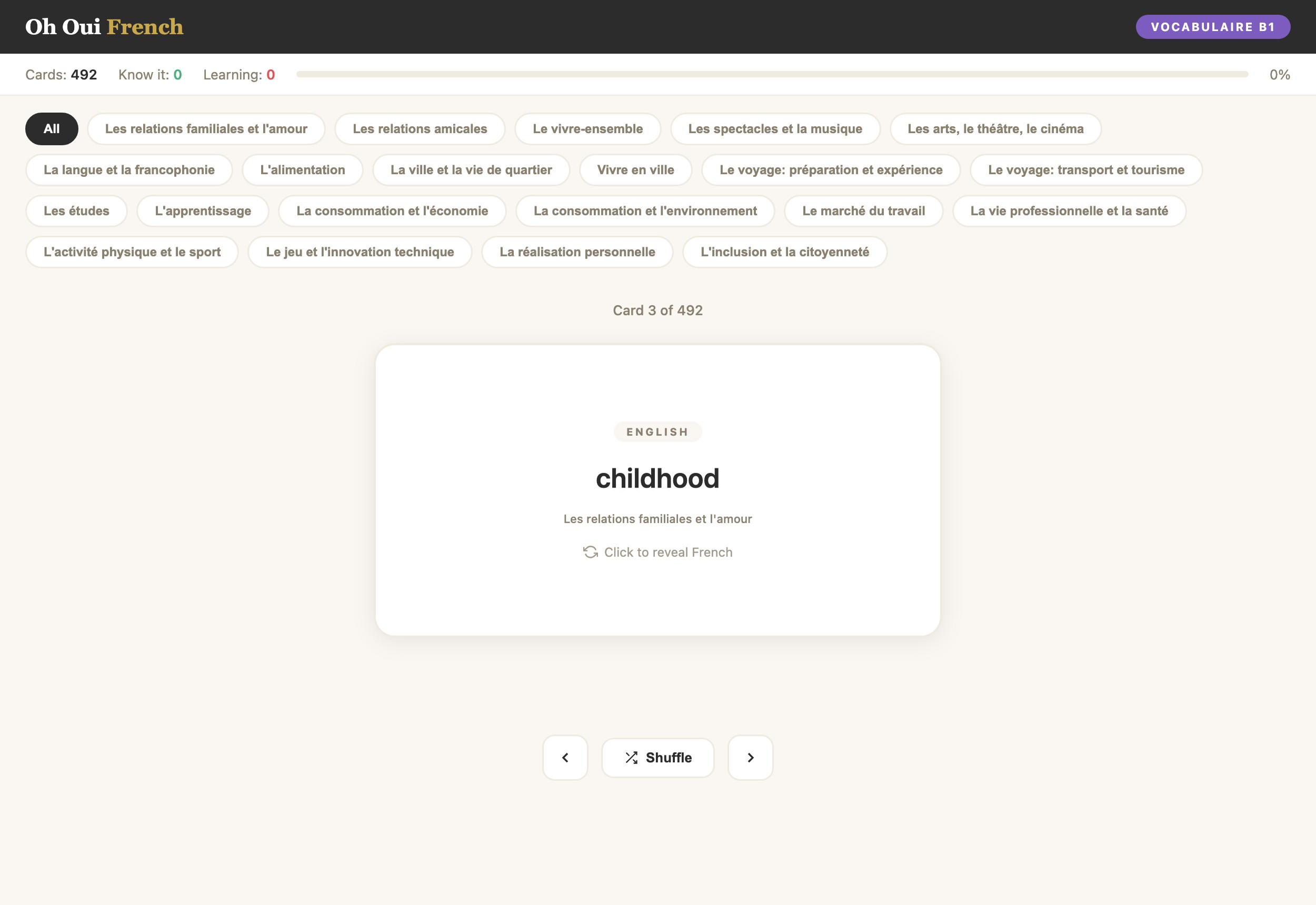 Vocabulaire B1 French flashcards screenshot: English word side