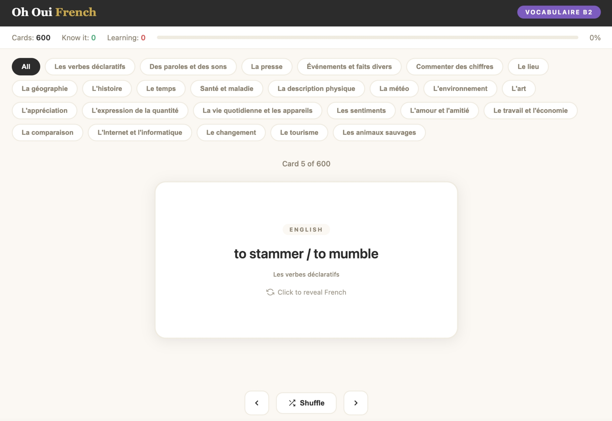 Vocabulaire B2 French flashcards screenshot: English word side