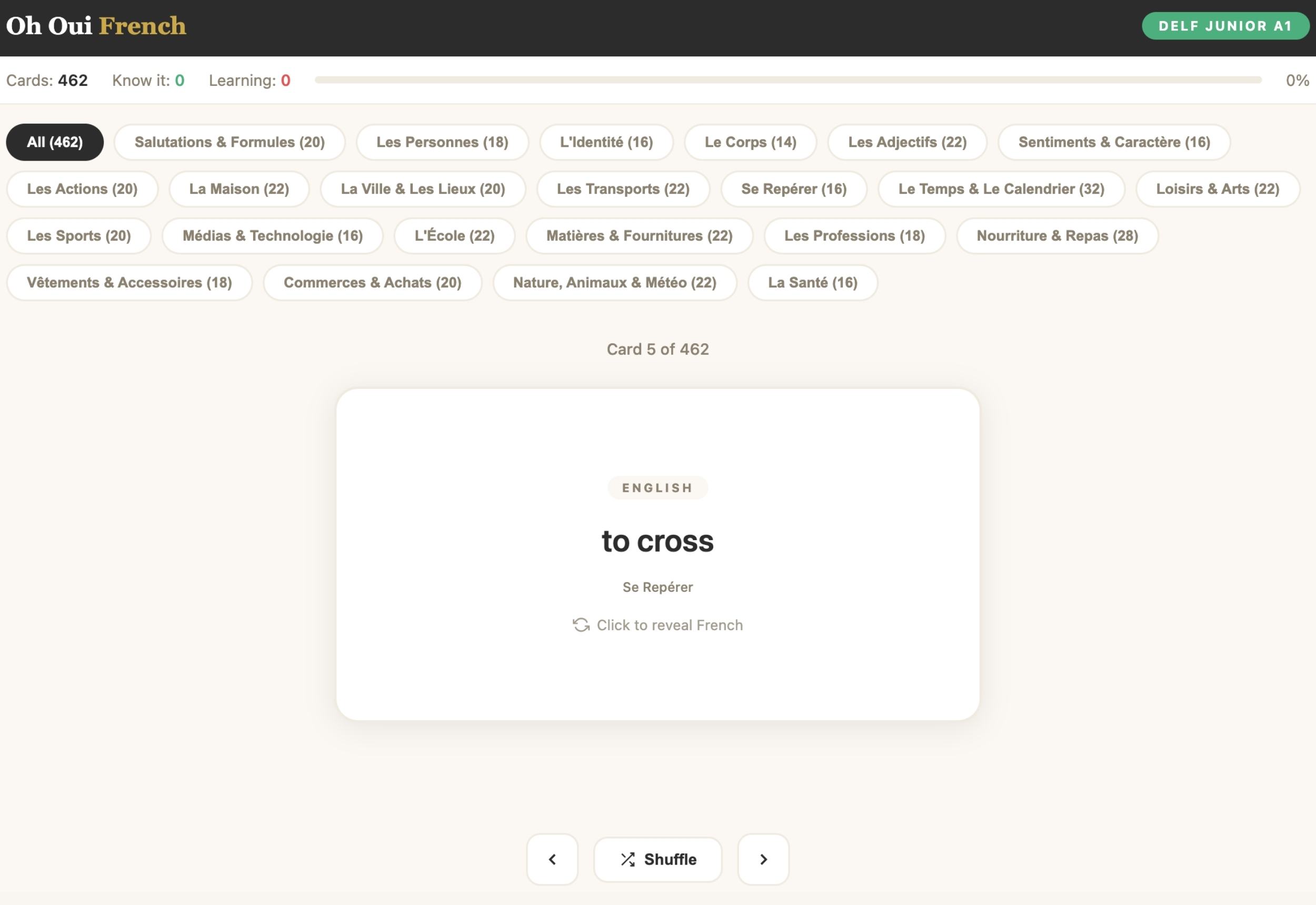 DELF Junior A1 French flashcards screenshot: English word side