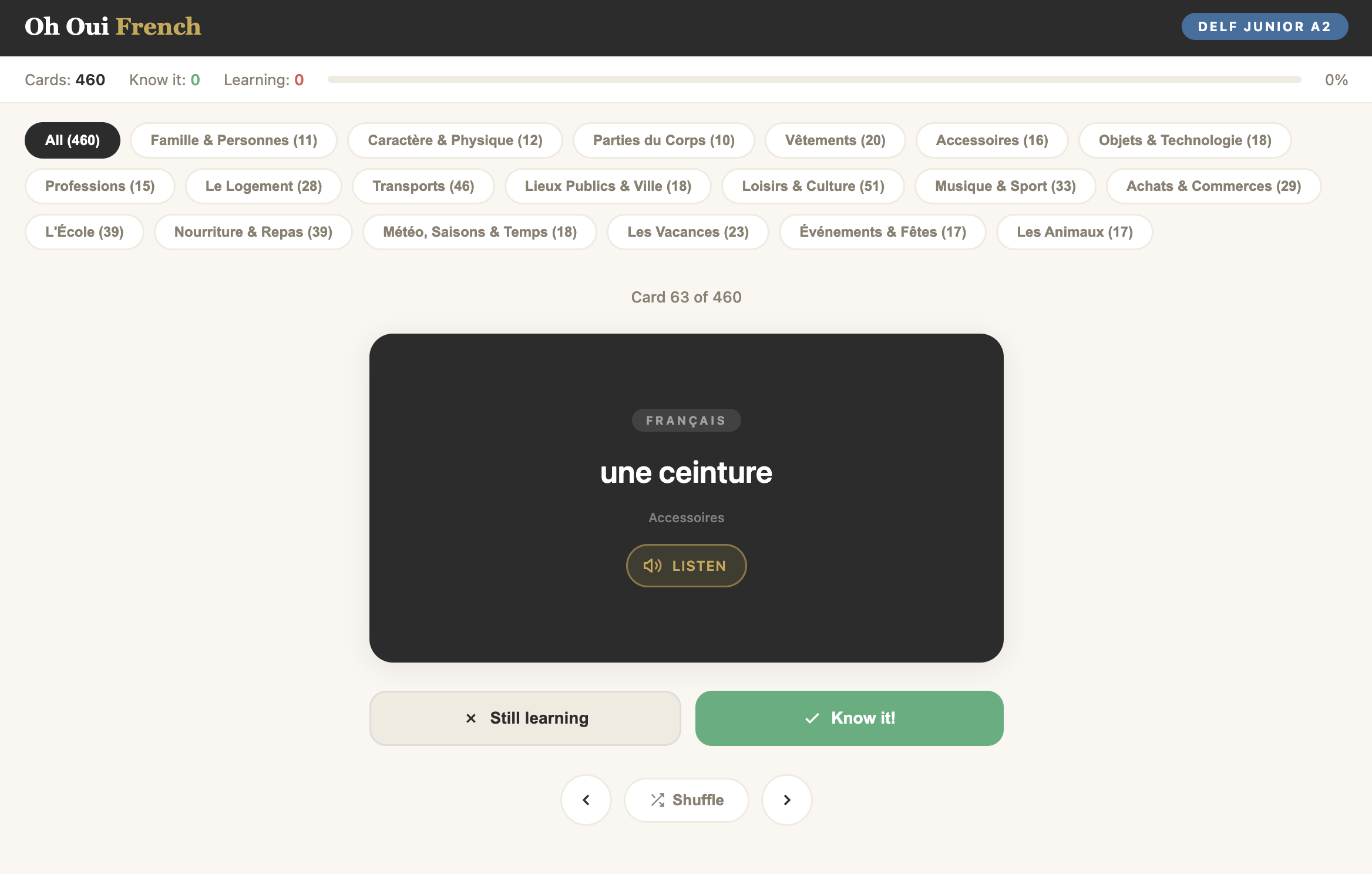 DELF Junior A2 French flashcards screenshot: French side with the Listen button for audio pronunciation