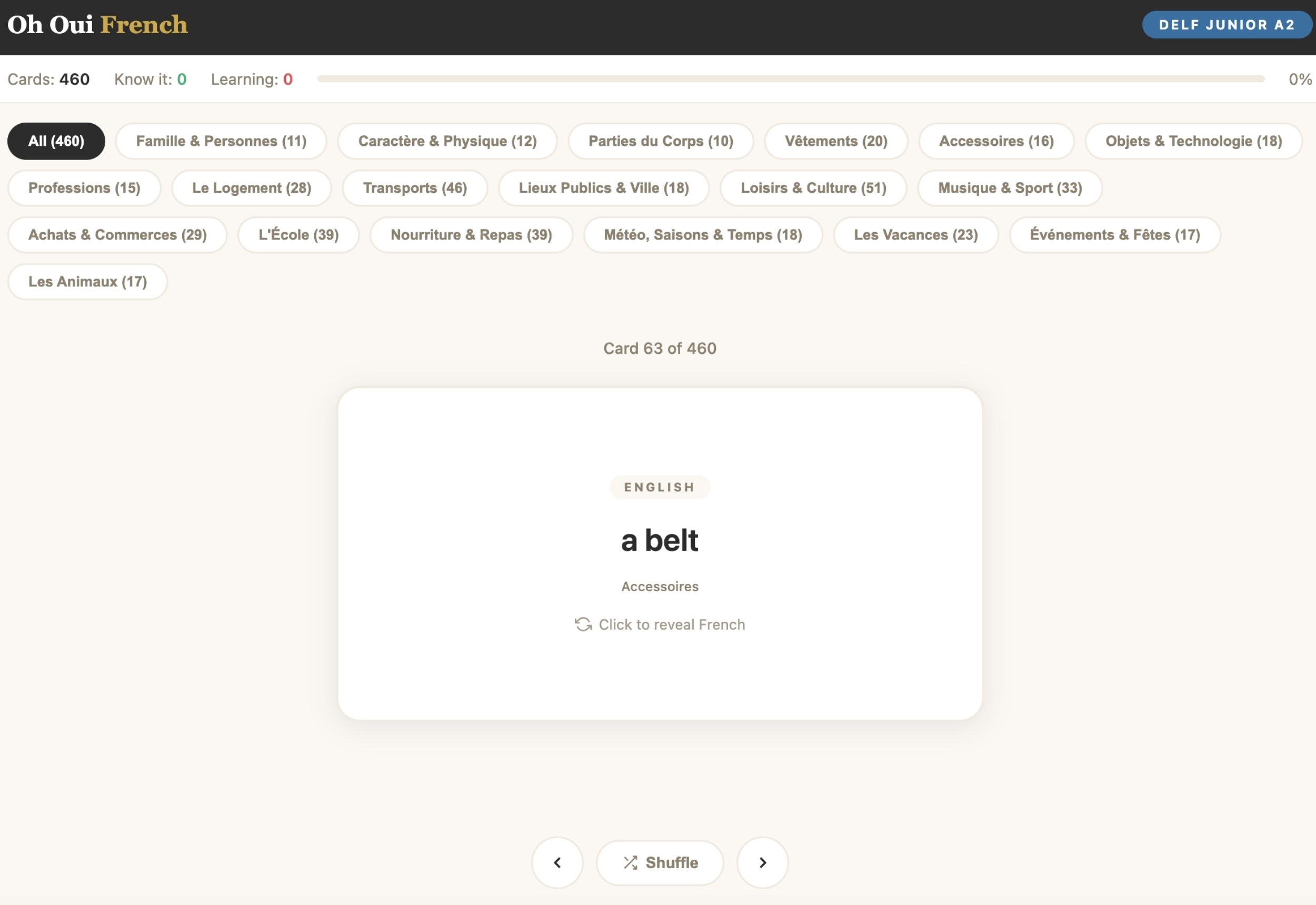 DELF Junior A2 French flashcards screenshot: English word side