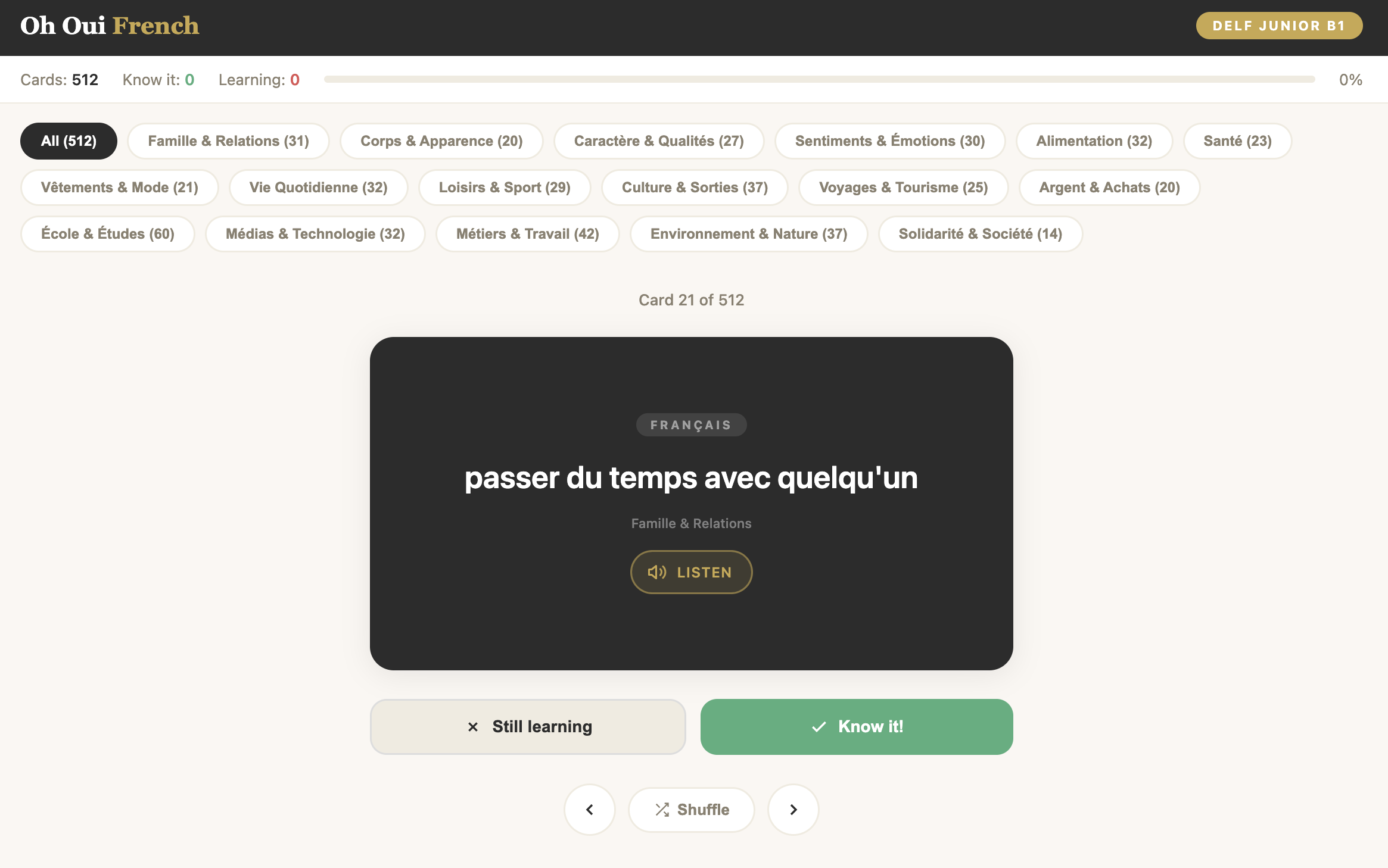 DELF Junior B1 French flashcards screenshot: French side with the Listen button for audio pronunciation